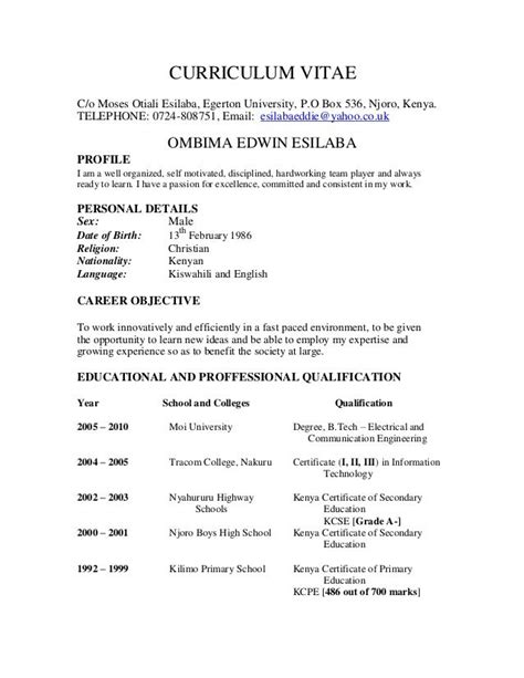 Samples Of Curriculum Vitae In Kenya Cv Template Kenya Cvtemplate