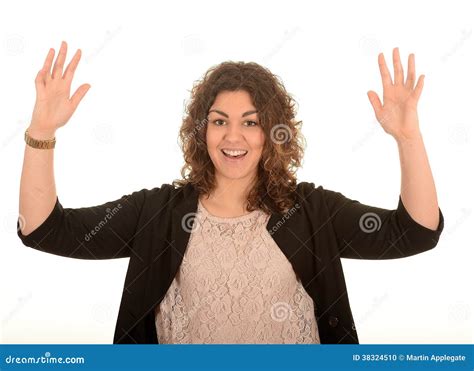 Woman With Her Hands Up Stock Photo Image Of Brunette 38324510