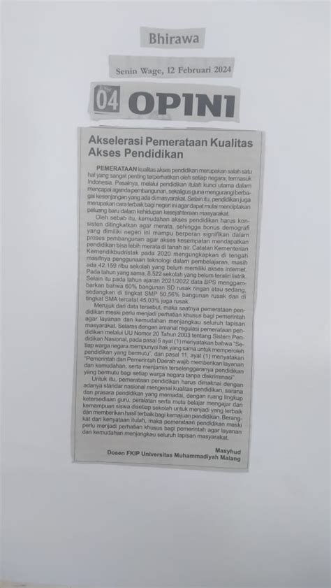 Akselerasi Pemerataan Kualitas Akses Pendidikan Bhirawa Umm Dalam