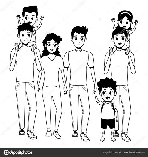 Family young parents with children cartoon in black and white Stock ...