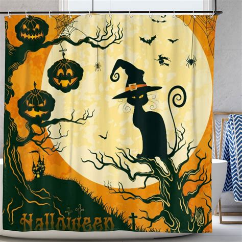 Black Cat Shower Curtain Halloween Shower Curtain Funny Pumpkin Shower