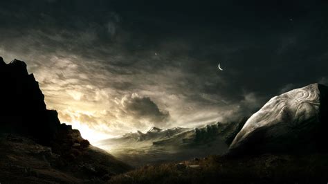 Download Dark Mountain Sun Sci Fi Landscape HD Wallpaper