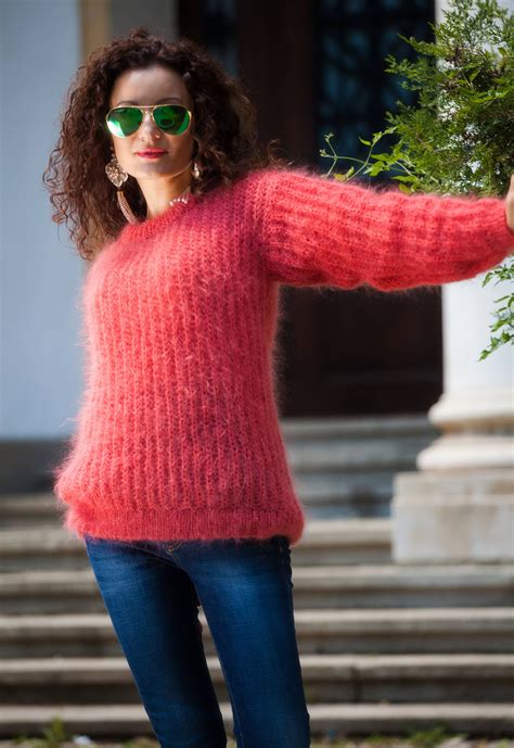 Pink Mohair Sweater Ribbed Sweater Summer Sweater Crew Neck Etsy