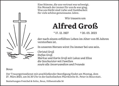 Traueranzeigen Von Alfred Gro Saarbruecker Zeitung Trauer De