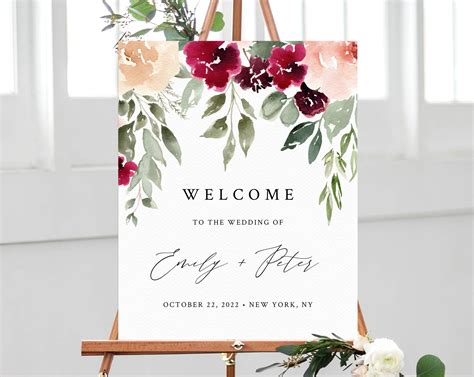 Burgundy And Blush Floral Wedding Welcome Sign Template Welcome To The