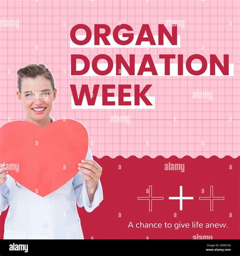 Organ Donation Week Text And Happy Caucasian Female Doctor Holding Red