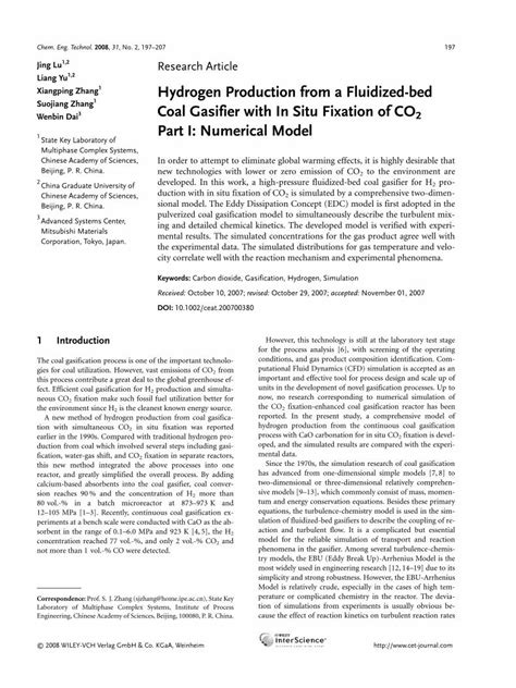 PDF Hydrogen Production From A Fluidized Bed Coal Gasifier With In