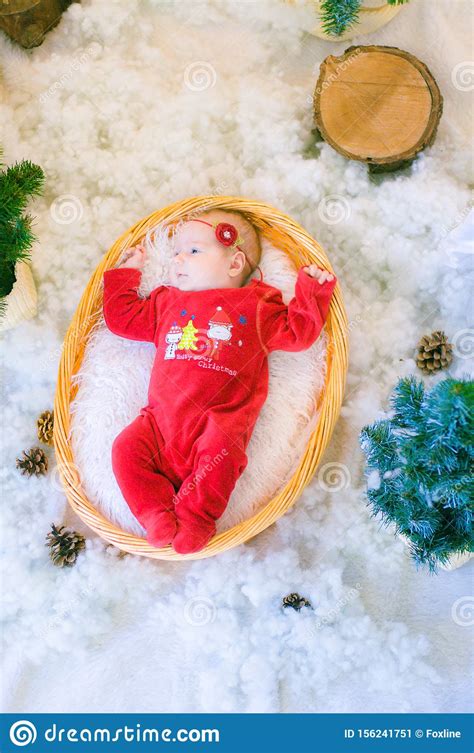 Cute Newborn Baby In A Christmas Costume In A Basket Of Wood Stock