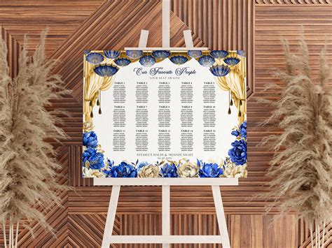 Mehndi Royal Blue Gold Editable Large Seating Chart Canva Template