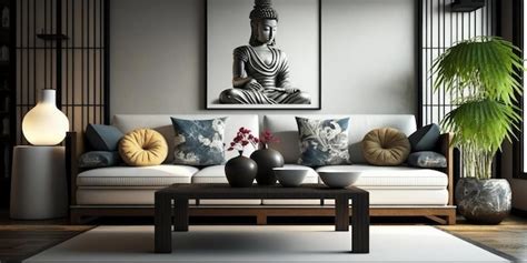 Premium Photo | A living room with a buddha statue on the wall.