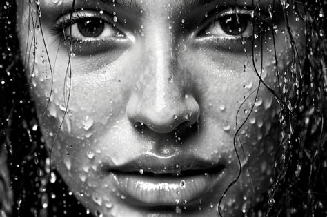 A Woman With A Wet Face And The Rain Drops On Her Face Premium Ai