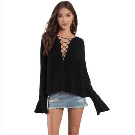 Tobi Lexi Lace Up Bell Sleeve Long Sleeve Black Blouse Top Small In