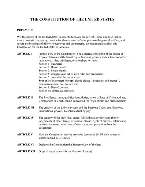 Gov Notes Pt 2 The Constitution Of The United States Preamble We The People Of The United