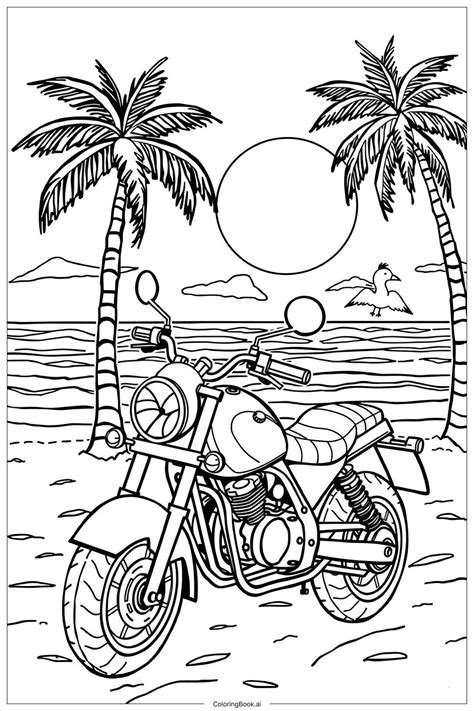 Motorcycle Beach Sunset Coloring Page (Free PDF&PNG Printable)