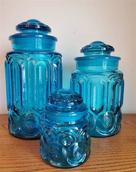 Vintage Glass Canister Set Le Smith Moon And Stars Blue Set Of Etsy