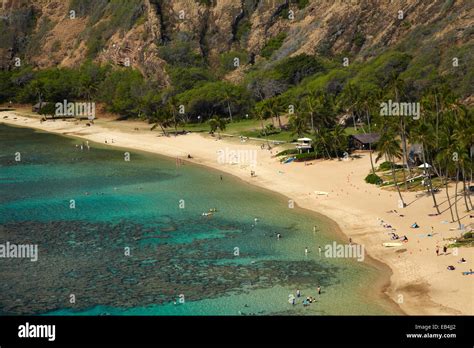 Beach At Hanauma Bay Nature Preserve In Old Volcanic Crater Oahu