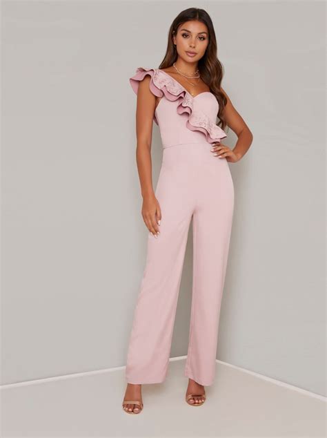 Ruffle Detail Wide Leg Jumpsuit In Pink Chi Chi London