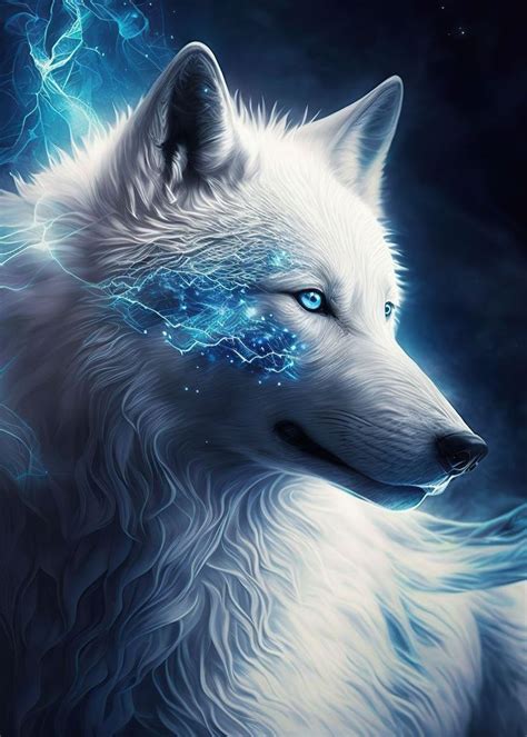 A White Wolf With Blue Eyes Stares Into The Distance While Lightning