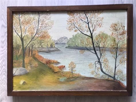 TABLEAU PEINTURE ORIGINALE Huile Paysage d automne rivière Début XXème