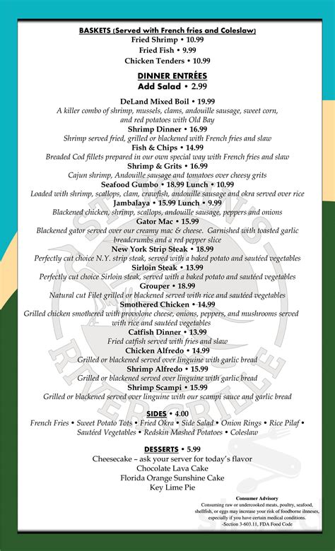 St Johns River Grille Menu In Deland Florida Usa