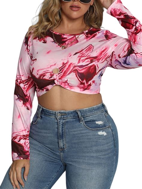 Dymade Women Plus Size Tie Dyed Sexy Open Navel Long Sleeve Round Neck Cropped T Shirt