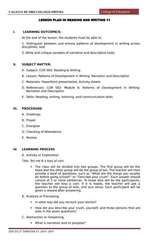 4as Lesson Plan Cor 002 Lesson Plan In Reading And Writing 11 I Learning Outcomes At The