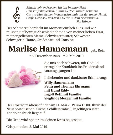 Traueranzeigen Von Marlise Hannemann Trauerundgedenken De