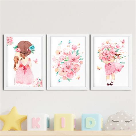 Kit Quadros Infantil Menina Aquarela Flores Aq No Elo Quadros