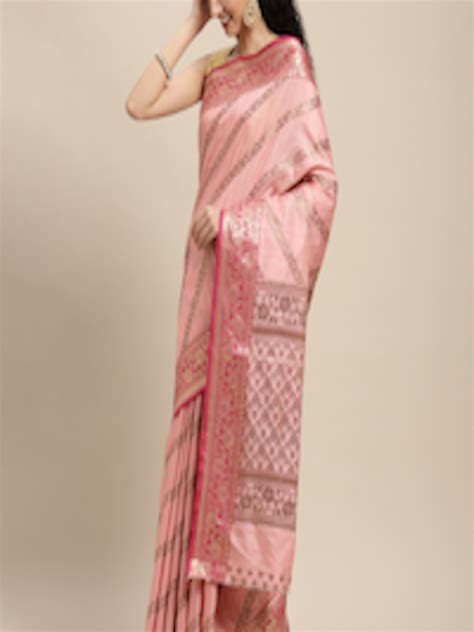 Buy Sangam Prints Pink Floral Striped Pure Silk Saree Sarees For