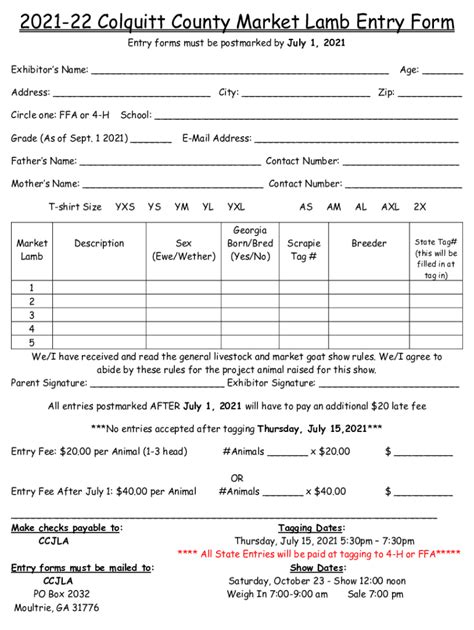 Fillable Online Colquitt County Market Lamb Entry Form Fax