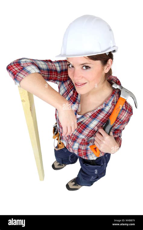 Female Carpenter With A Hammer Stock Photo Alamy