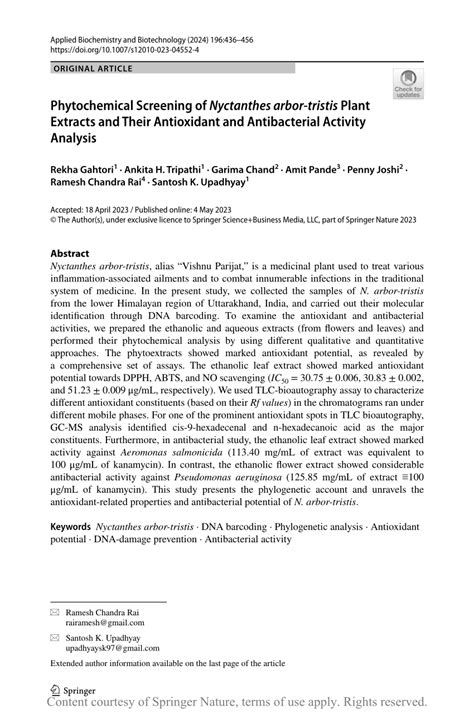 Phytochemical Screening Of Nyctanthes Arbor Tristis Plant Extracts And