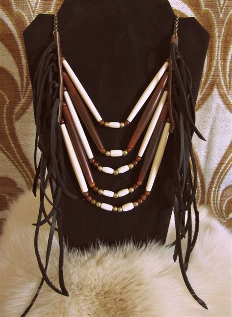 Amber And Buffalo Bone Hairpipe And Black Leather Fringe Chest Piece