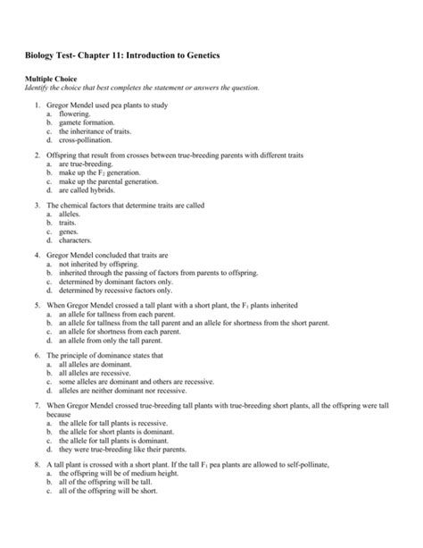 Biology Test Chapter 11 Introduction To Genetics