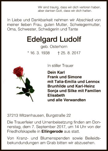 Traueranzeigen Von Edelgard Ludolf Trauer HNA De