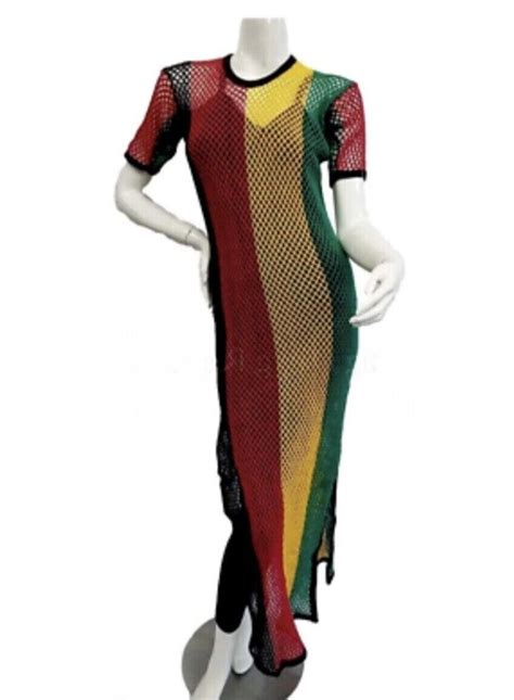 Rihanna Work Dress Rasta Jamaican Side Slit Split Mesh Carnival Riana