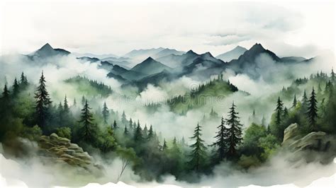 Watercolor Foggy Forest Landscape Illustration Generative AI Stock