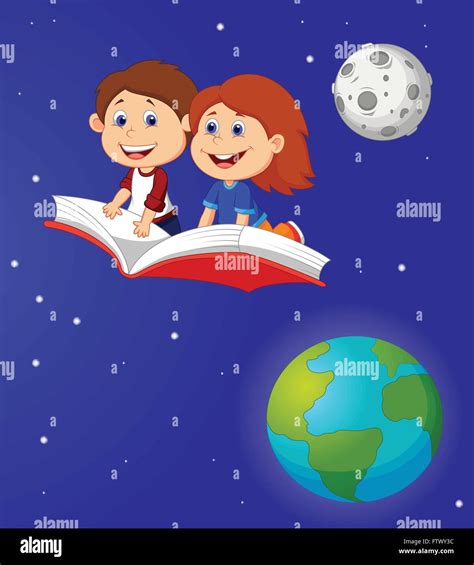 Niño y niña volando en un libro Imagen Vector de stock Alamy