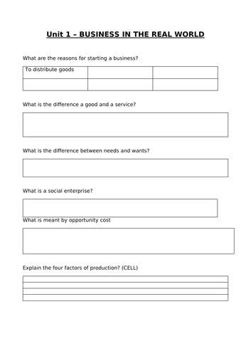 Aqa Gcse Business Studies Grade 9 1 Worksheet Teaching Resources