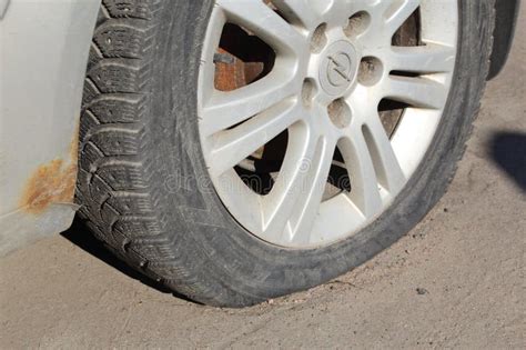 Flat Car Tire Close Up Punctured Wheel Editorial Stock Image Image