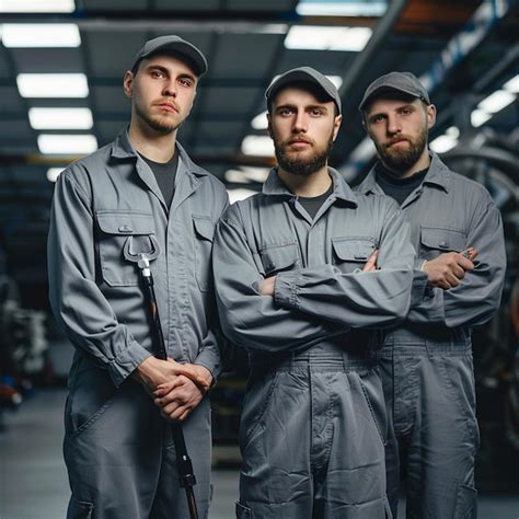 Premium Photo Photo Of Three Proud Mechanics Standing With Arms