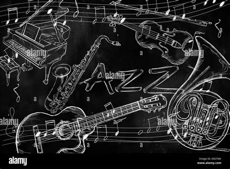 Jazz instruments music background on dark blackboard Stock Photo - Alamy