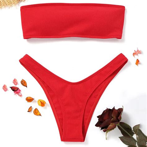 Buy Gameit Bikini Ribbed High Cut Bandeau Bikini Set