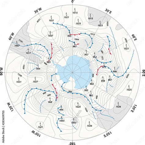 imaginary weather map Antarctica with isobars and weather fronts Stock ...