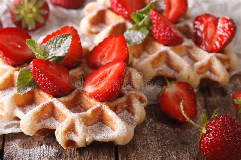 Belgian Cuisine Waffles With Strawberries Powdered Sugar Macro Stock