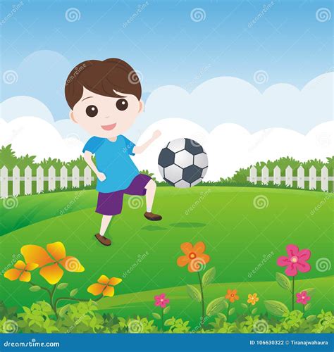 Little Boy Playing Ball On The Lawn Stock Vector Illustration Of