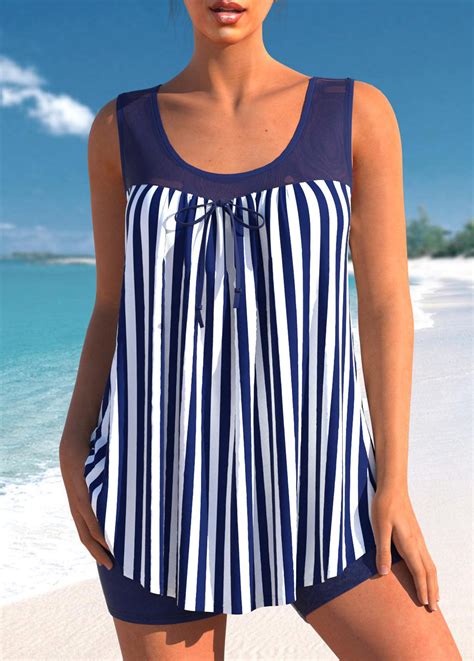 Bowknot Nautical Striped Navy Blue Tankini Set Rosewe Usd