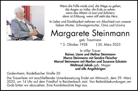 Traueranzeigen Von Margarete Steinmann Trauerportal Ihrer Tageszeitung