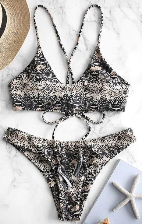 Zaful Snake Print Criss Cross Bikini Set Multi A Cross Bikini Set