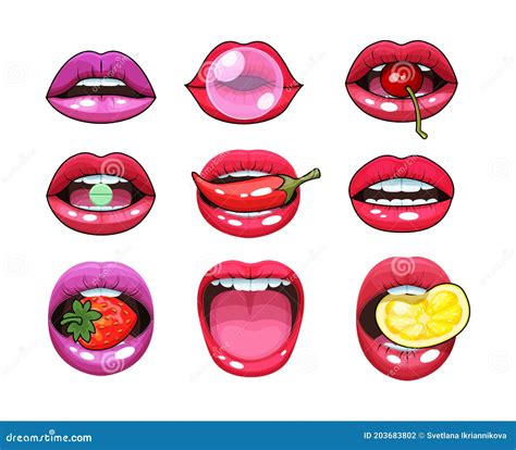 Woman Mouth Set Red Girls Lips Stickers Expressing Differents Emotions Stock Vector